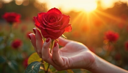 Hand holds red rose flower at sunset. Garden with blooming roses at warm golden hour light. Red petals, green leaves, soft focus background. Romance, love, beauty.