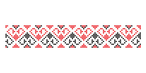 Traditional Ukrainian heart repeat ornament from Zaporizhzhia region in red and black. Dotted style for folk design and decorative use