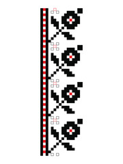 Pixel border floral ornament repeat with small black flowers from Poltava region of Ukraine. Seamless embroidery pattern design