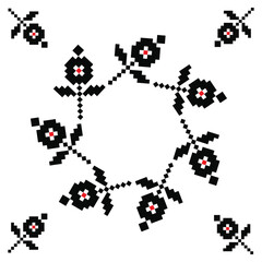 Circular Ukrainian floral embroidery style pixel small flowers ornament for decorative design