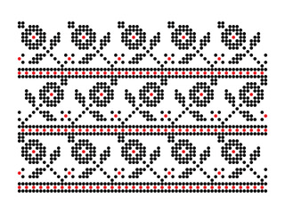 Dotted ornament with small black flowers, red accents and underline. Traditional Ukrainian folk repeat pattern for decorative design and textiles