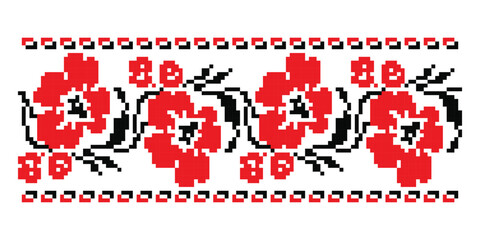 Pixel red and black flowers floral pattern with decorative borders, traditional embroidery ornament of Poltava region, Ukraine