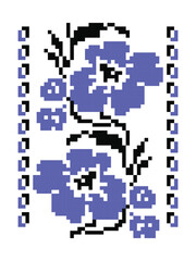 Pixel embroidery pattern with blue flowers, black outlines and decorative borders, traditional ornament of Poltava region of Ukraine
