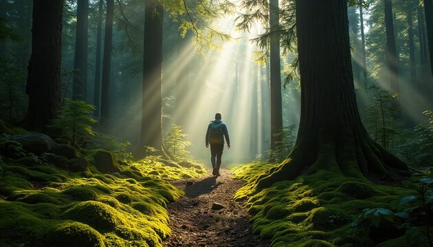 Person hikes through dense forest trail. Sunlight breaks through tree canopy, illuminating moss-covered ground. Rays create mystic mood in nature. Solo adventurer explores woods path, enjoying quiet.