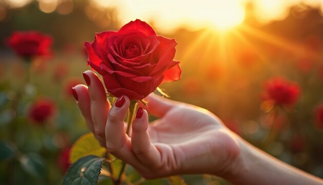 Hand holds red rose flower at sunset. Garden with blooming roses at warm golden hour light. Red petals, green leaves, soft focus background. Romance, love, beauty.