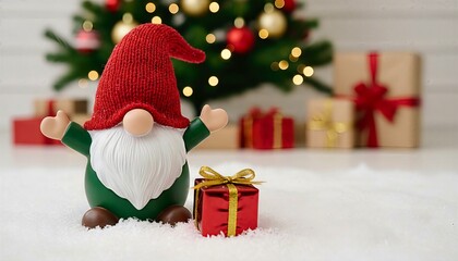 Cute Christmas Gnome Standing In Snow Festive Scene