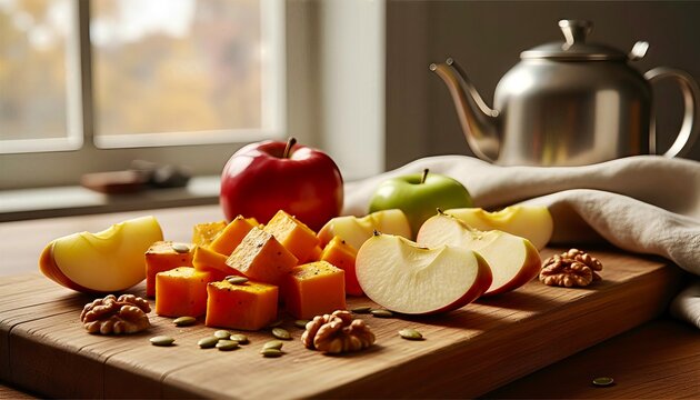 Cozy Autumn Breakfast Apples Walnuts Rustic Morning