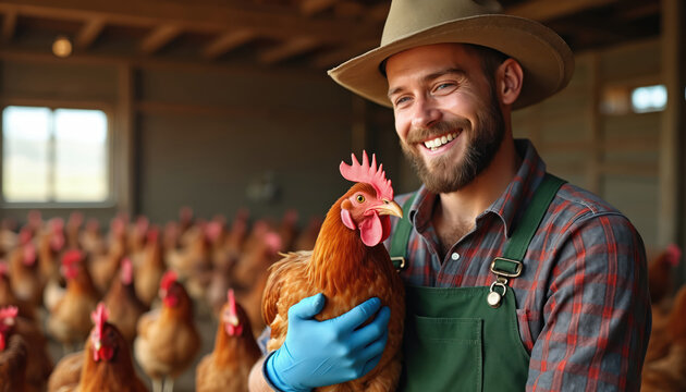 Smiling farmer in hat holds a brown hen inside a barn. Happy bearded man works on a poultry farm with many chickens. Male worker cares for birds and livestock at a rural agricultural eco business.