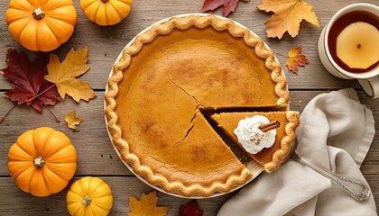 Pumpkin Pie On Wooden Table Warm Cozy Autumn Dessert