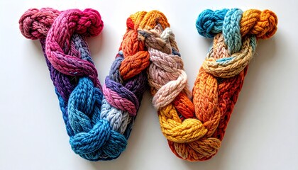 Colorful Knitted Letter W on white background.