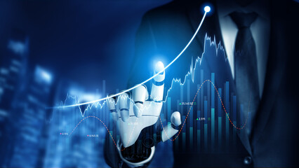 A business professional engages with advanced technology to explore financial trends using digital graphs and analytics in a sleek modern office environment. Scalp
