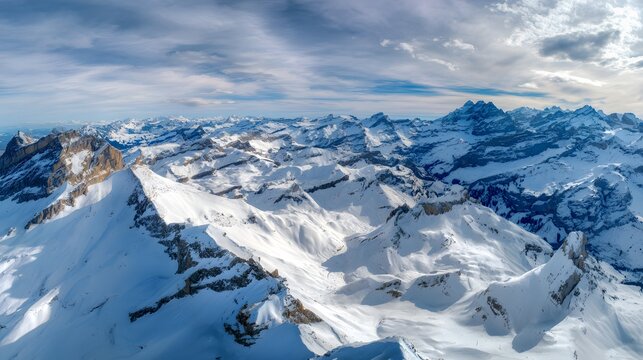 Serene Swiss Alps panorama snow-covered peaks alpine valleys winter light tranquil landscape travel photography