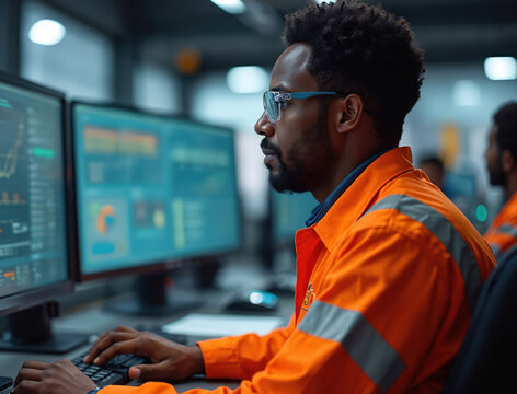 Focused operator in orange uniform monitors computer screens displaying charts, data. Works in industrial control room with technology equipment. Skilled worker analyzes performance for system