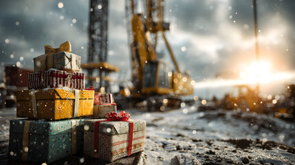 Fototapeta na wymiar Christmas gifts with ribbons on snowy construction site, excavator and crane in background, snowfall and sun breaking through winter clouds.