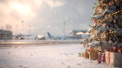 Christmas tree branches with gifts on snowy airport runway, planes and hangars in background, snowfall and winter sun.