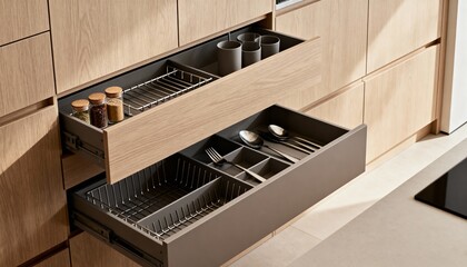 Medium shot of custom kitchen cabinetry showcasing sleek drawers and builtin organizers enhancing cooking space functionality