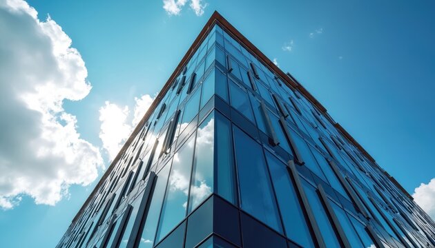 Modern glass office building corner under bright blue sky with sun, clouds. Reflective windows show sky, sun. Low angle view of contemporary corporate architecture. Tall skyscraper exterior, business