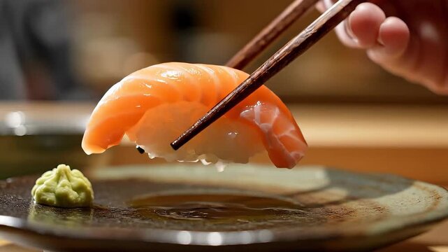 Salmon Nigiri Delight Chopsticks Grabbing Sushi in CloseUp. - Powered by Adobe