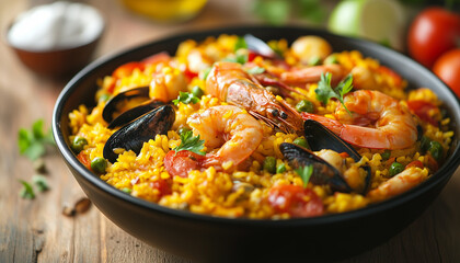 Paella in bowl on wooden table