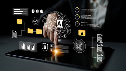Explore the integration of artificial intelligence and data security in a sleek digital interface, highlighting innovative technology in modern analytics and user interaction. Gantry