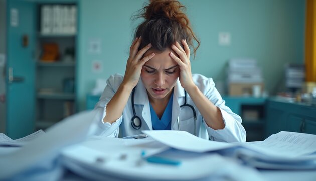 Female medical worker overwhelmed at desk in office. Holds head, surrounded by huge paper piles, feeling stressed, frustrated from heavy workload. Doctor nurse looks exhausted, battling - Powered by Adobe