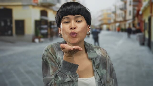 Woman blowing kiss on urban street with blurred cityscape background; young asian female depicted outdoors in vibrant city setting, suggesting lively urban lifestyle.