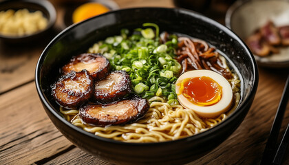 Ramen in bowl on wooden table