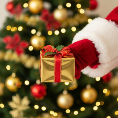 Obraz premium Santa Claus Hand Offering Golden Christmas Gift