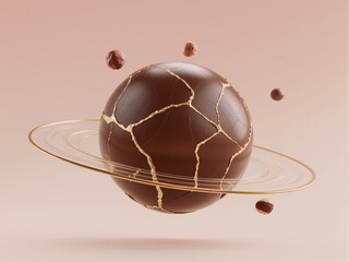 Golden Fractured Chocolate Planet with Translucent Rings