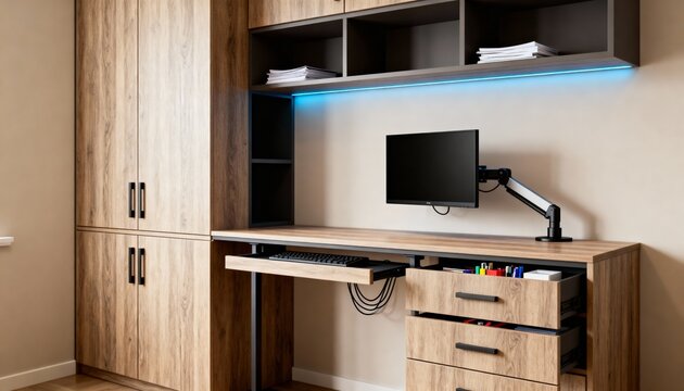 Medium shot of tailored cabinetry in a home office setup highlighting ergonomic design and space optimization for efficient workflow