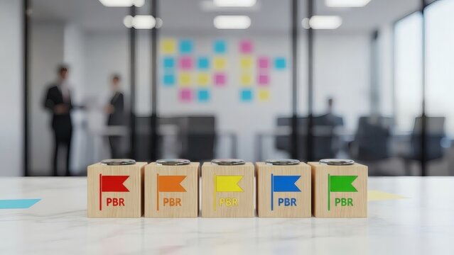 Business timeline and project planning. Wooden blocks with PBR color-coded flags symbolizing company milestones and timeline stages for clear strategic planning.
