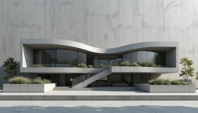 Symmetrical facade of a contemporary concrete building with minimalist architectural design and curved windows