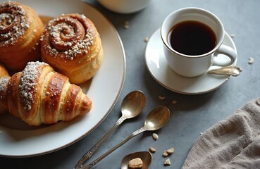 Freshly baked cinnamon buns and croissants on a plate with a cup of black coffee. A morning coffee break with sweet pastries and nuts on a grey table.