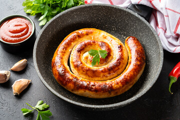 Sausages, grilled meat, pork bratwurst in the pan.
