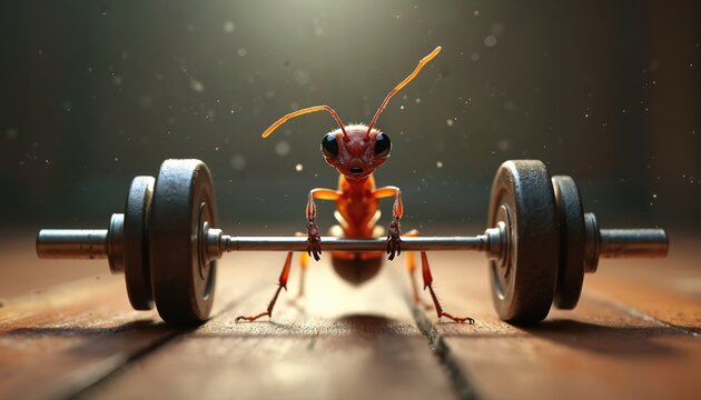 Ant lifting weights demonstrating strength. Insect doing fitness exercise with dumbbell. Tiny ant performs weightlifting in gym. Power and determination concept with small creature.