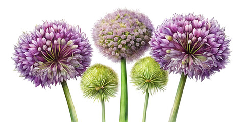 A close up of several allium flowers with purple and green colors against a black background on transparent background