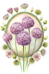 Watercolor painting of purple allium flowers arranged in a circular frame with green accents and buds on transparent background
