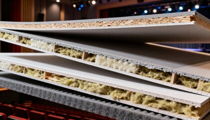 Closeup of multilayer drywall panels in an entertainment venue highlighting advanced sound absorption and fireresistant design for versatile use.