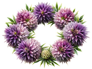 A floral wreath of purple and pink dahlia flowers with green leaves on a transparent background circle shape