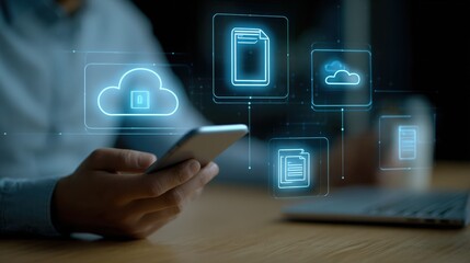 Medium shot of a user managing virtual scanner settings emphasizing secure document transfer and encrypted cloud storage options