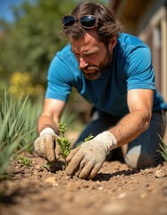 Fototapeta premium Bearded man carefully plants small green sapling into dry garden soil. Works with gardening gloves outdoors on knees. Pro gardener creates sustainable drought-resistant landscape. Nurtures