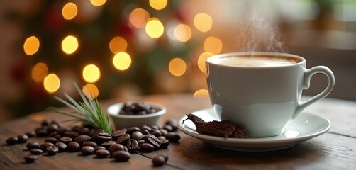 Warm mug of coffee with steam on wooden table. Scattered coffee beans, small chocolate piece create cozy atmosphere. Blurred festive lights in background evoke holiday spirit. Perfect for winter