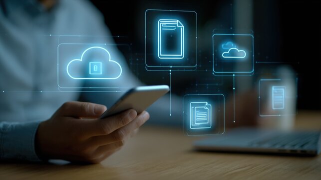 Medium shot of a user managing virtual scanner settings emphasizing secure document transfer and encrypted cloud storage options