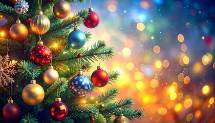 Decorated Christmas tree with bokeh lights.