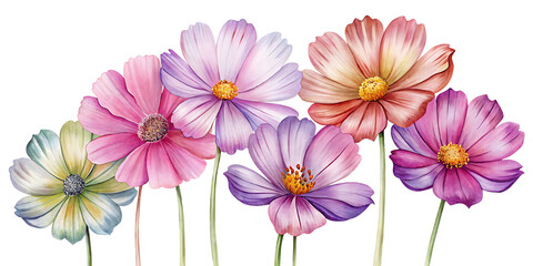 Watercolor illustration of colorful cosmos flowers in shades of pink purple and orange isolated on black on transparent background