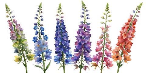 A colorful array of delphinium flowers in various shades against a black background image view on transparent background