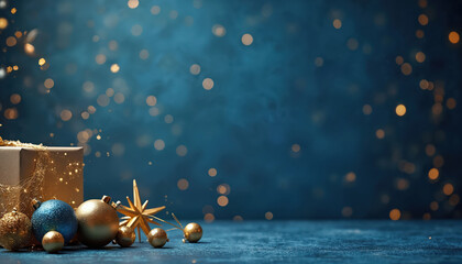 Fototapeta premium Dark blue background with golden christmas ornaments, gift box. Sparkling bokeh effect adds festive mood. Elegant winter scene suitable for holiday design projects. Perfect backdrop for Christmas