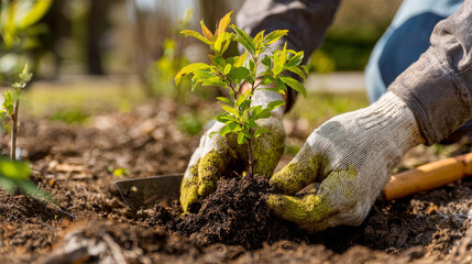 "Planting Tree Seedlings in Moist Soil on a Sunny Spring Day"