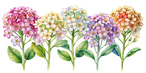 Watercolor illustration of colorful hydrangea flowers with green stems and leaves in a row isolated on transparent background
