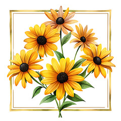 A bouquet of yellow and orange flowers with black centers in a golden square frame on a black background on transparent background